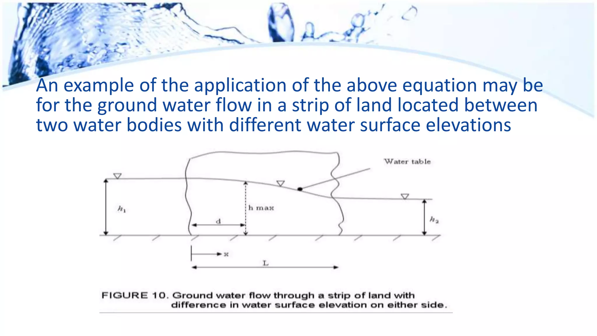 An example of the application of the above equation may be
for the ground water flow in a strip of land located between
two water bodies with different water surface elevations
 