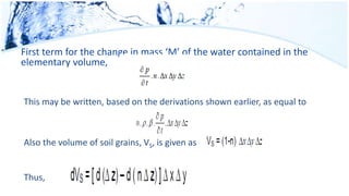 First term for the change in mass ‘M’ of the water contained in the
elementary volume,
This may be written, based on the derivations shown earlier, as equal to
Also the volume of soil grains, VS, is given as
Thus,
 