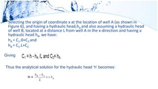 Selecting the origin of coordinate x at the location of well A (as shown in
Figure 6), and having a hydraulic head,hA and also assuming a hydraulic head
of well B, located at a distance L from well A in the x-direction and having a
hydraulic head hB, we have:
hA = C1.0+C2 and
hB = C1.L+C2
Giving
Thus the analytical solution for the hydraulic head ‘h’ becomes:
 