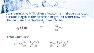 Considering the infiltration of water from above at a rate i
per unit length in the direction of ground water flow, the
change in unit discharge dq is seen to be
or
From Darcy’s law,
 