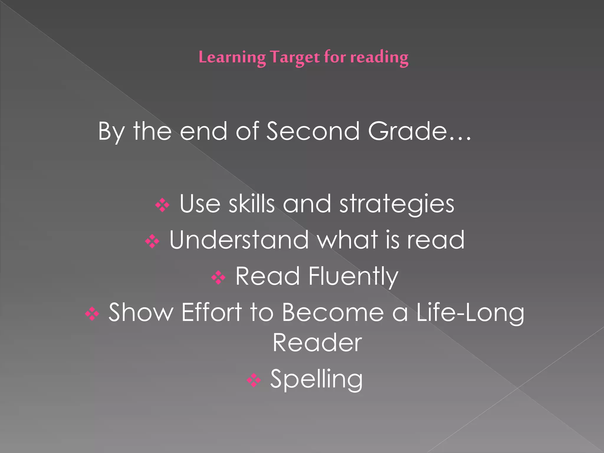 LearningTarget for reading
By the end of Second Grade…
 Use skills and strategies
 Understand what is read
 Read Fluently
 Show Effort to Become a Life-Long
Reader
 Spelling
 