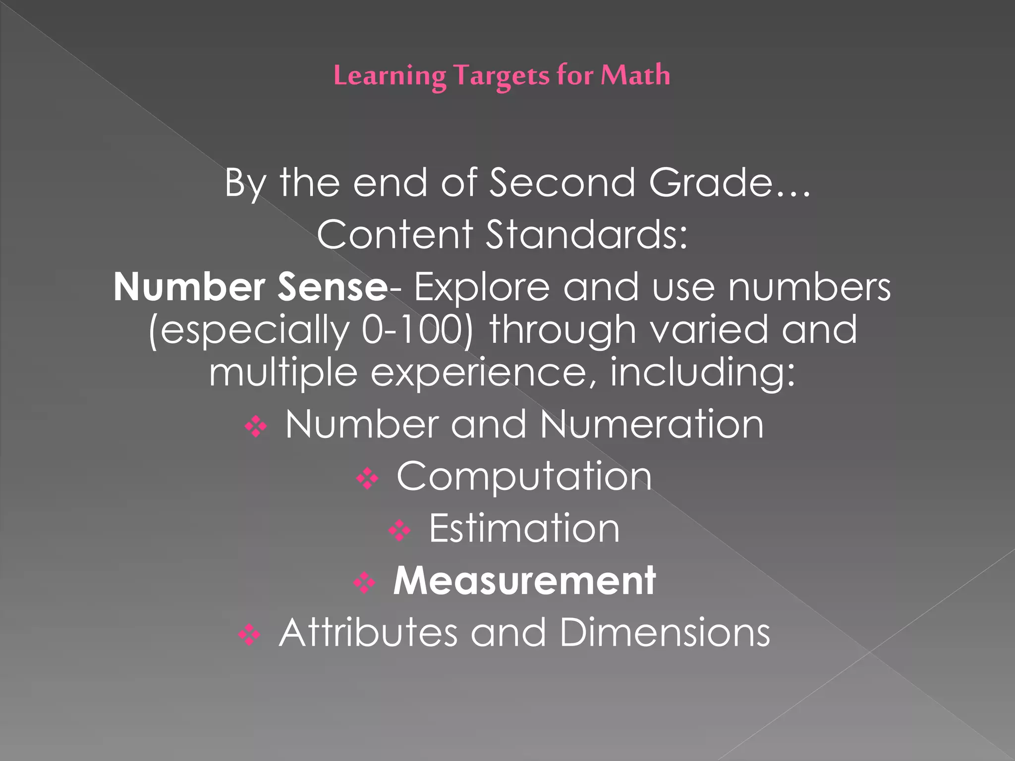 LearningTargets for Math
By the end of Second Grade…
Content Standards:
Number Sense- Explore and use numbers
(especially 0-100) through varied and
multiple experience, including:
 Number and Numeration
 Computation
 Estimation
 Measurement
 Attributes and Dimensions
 