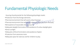 Fundamental Physiologic Needs
Housing should provide for the following physiologic needs:
•Protection from the foreign elements
•Thermal environment that will avoid undue heat loss
•Thermal environment that will permit adequate heat loss from the body
•Atmosphere of reasonable chemical purity
•Adequate daylight illumination and avoidance of undue daylight glare
•Direct sunlight
•Adequate artificial illumination and avoidance of glare
•Protection from excessive noise
•Adequate space for exercise and for children to play.
 