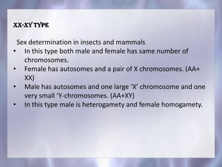 XX-XY type
Sex determination in insects and mammals
• In this type both male and female has same number of
chromosomes.
• Female has autosomes and a pair of X chromosomes. (AA+
XX)
• Male has autosomes and one large ‘X’ chromosome and one
very small ‘Y-chromosomes. (AA+XY)
• In this type male is heterogamety and female homogamety.
 