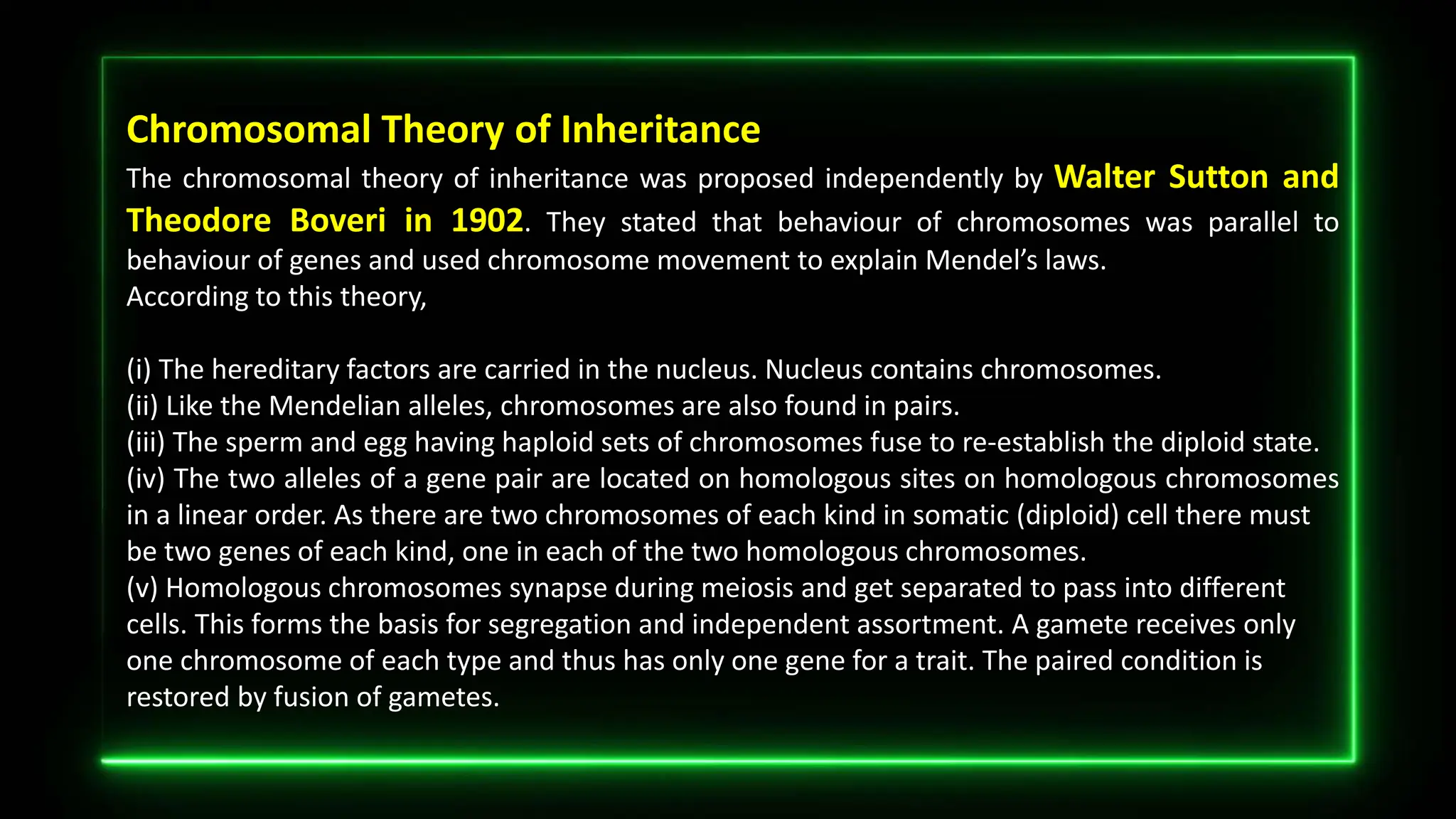 Chromosomal Theory of Inheritance
The chromosomal theory of inheritance was proposed independently by Walter Sutton and
Theodore Boveri in 1902. They stated that behaviour of chromosomes was parallel to
behaviour of genes and used chromosome movement to explain Mendel’s laws.
According to this theory,
(i) The hereditary factors are carried in the nucleus. Nucleus contains chromosomes.
(ii) Like the Mendelian alleles, chromosomes are also found in pairs.
(iii) The sperm and egg having haploid sets of chromosomes fuse to re-establish the diploid state.
(iv) The two alleles of a gene pair are located on homologous sites on homologous chromosomes
in a linear order. As there are two chromosomes of each kind in somatic (diploid) cell there must
be two genes of each kind, one in each of the two homologous chromosomes.
(v) Homologous chromosomes synapse during meiosis and get separated to pass into different
cells. This forms the basis for segregation and independent assortment. A gamete receives only
one chromosome of each type and thus has only one gene for a trait. The paired condition is
restored by fusion of gametes.
 
