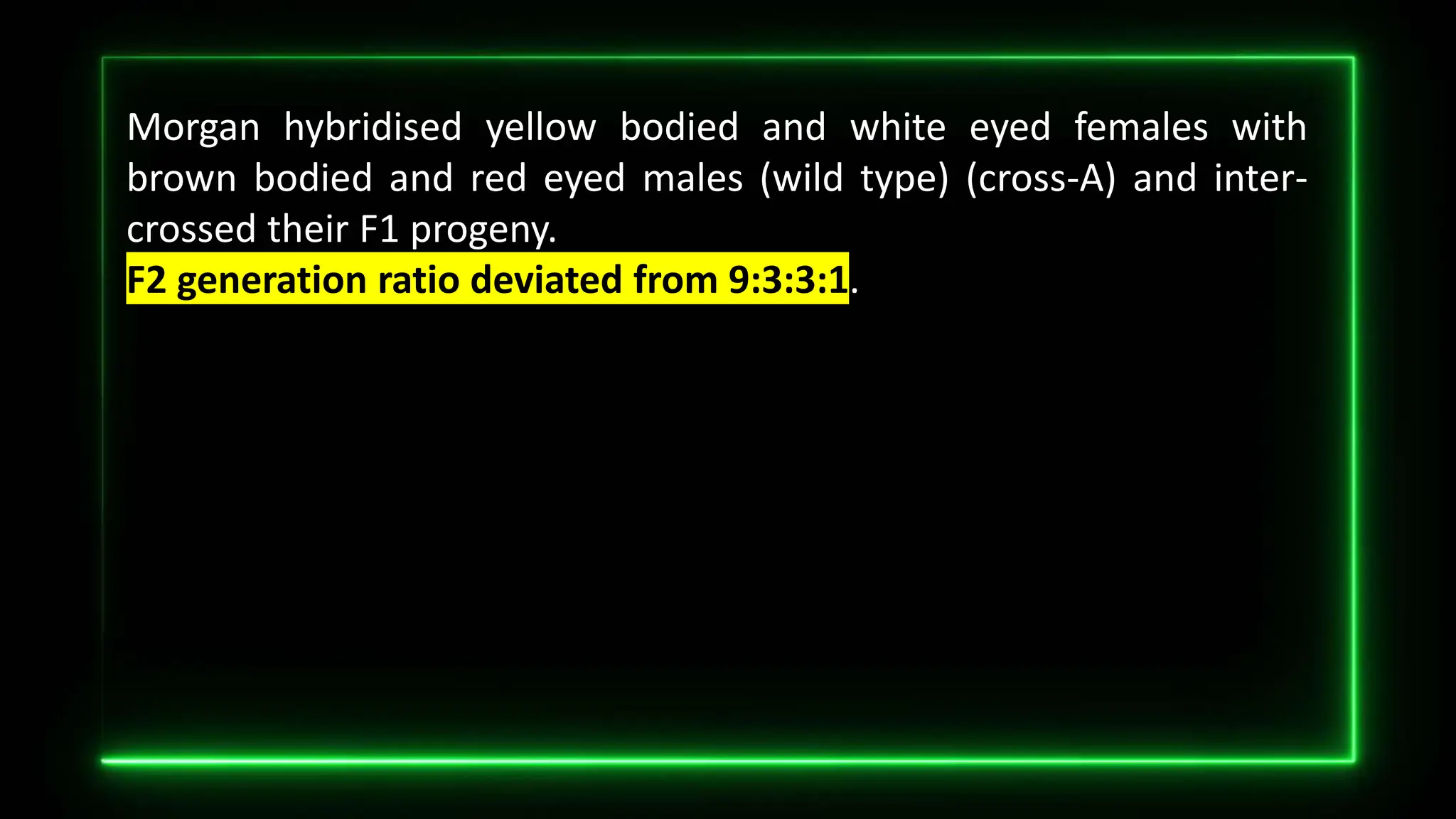 Morgan hybridised yellow bodied and white eyed females with
brown bodied and red eyed males (wild type) (cross-A) and inter-
crossed their F1 progeny.
F2 generation ratio deviated from 9:3:3:1.
 