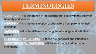 TERMINOLOGIES
• GENETICS – It is the branch of life science that deals with the study of
heredity and variation.
• HEREDITY – It is the transmission of characters from parents to their
offsprings.
• VARIATION – It is the difference among the offsprings and with their
parents.
• HEREDITARY VARIATIONS – It these are genetical and inheritable.
• ENVIRONMENTAL VARIATION – It these are acquired and non
inheritable.
 