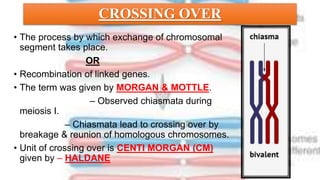 CROSSING OVER
• The process by which exchange of chromosomal
segment takes place.
OR
• Recombination of linked genes.
• The term was given by MORGAN & MOTTLE.
• JANSEN (1909) – Observed chiasmata during
meiosis I.
• MORGAN – Chiasmata lead to crossing over by
breakage & reunion of homologous chromosomes.
• Unit of crossing over is CENTI MORGAN (CM)
given by – HALDANE.
 