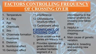FACTORS CONTROLLING FREQUENCY
OF CROSSING OVER
1. Temperature
2. X – Ray
3. Age
4. Chemicals
5. Sex
6. Chiasmata formation
7. Inversions
8. Distance
9. Nutritional effect
10.Genotypic effect
11.Interference
12.Chromosome
structure effect
13.Centromere effect
# SIGNIFICANCE OF
CROSSING OVER –
1. Gives evidence that
genes are linearly +nt.
2. Provides operational
gene definition –
smallest heritable
segment of a
chromosome in the
interior of which no
crossing over takes
place.
3. Helpful in
chromosomal
mapping.
4. Main cause of genetic
variation.
5. Helpful in breeding
and evolving new
species.
 