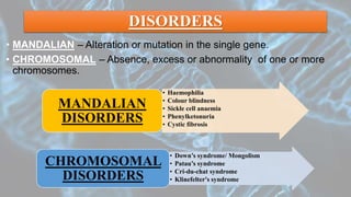 DISORDERS
• MANDALIAN – Alteration or mutation in the single gene.
• CHROMOSOMAL – Absence, excess or abnormality of one or more
chromosomes.
• Haemophilia
• Colour blindness
• Sickle cell anaemia
• Phenylketonuria
• Cystic fibrosis
MANDALIAN
DISORDERS
• Down’s syndrome/ Mongolism
• Patau’s syndrome
• Cri-du-chat syndrome
• Klinefelter's syndrome
CHROMOSOMAL
DISORDERS
 
