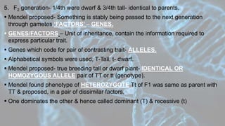 5. F2 generation- 1/4th were dwarf & 3/4th tall- identical to parents.
 Mendel proposed- Something is stably being passed to the next generation
through gametes ‘FACTORS’ – GENES.
 GENES/FACTORS – Unit of inheritance, contain the information required to
express particular trait.
 Genes which code for pair of contrasting trait- ALLELES.
 Alphabetical symbols were used; T-Tall, t- dwarf.
 Mendel proposed- true breeding tall or dwarf plant- IDENTICAL OR
HOMOZYGOUS ALLELE pair of TT or tt (genotype).
 Mendel found phenotype of HETEROZYGOTE Tt of F1 was same as parent with
TT & proposed, in a pair of dissimilar factors.
 One dominates the other & hence called dominant (T) & recessive (t)
 