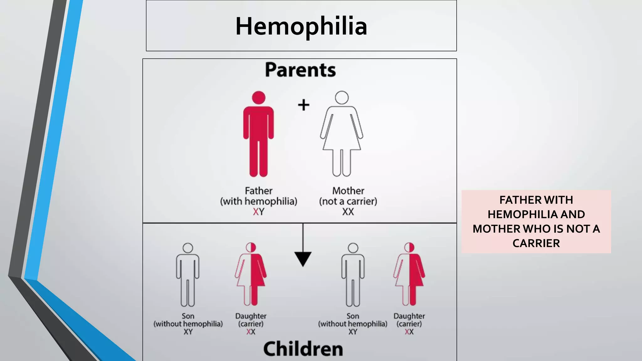 Hemophilia
FATHER WITH
HEMOPHILIA AND
MOTHER WHO IS NOT A
CARRIER
 