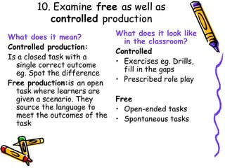 10. Examine  free  as well as  controlled  production What does it mean? Controlled production: Is a closed task with a single correct outcome eg. Spot the difference Free production: is   an open task where learners are given a scenario. They source the language to meet the outcomes of the task What does it look like in the classroom? Controlled Exercises eg. Drills, fill in the gaps Prescribed role play Free Open-ended tasks Spontaneous tasks 