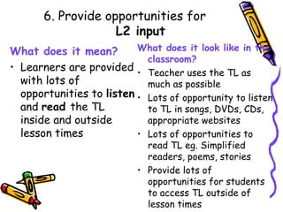 6. Provide opportunities for   L2 input What does it mean? Learners are provided with lots of opportunities to  listen  and  read  the TL inside and outside lesson times What does it look like in the classroom? Teacher uses the TL as much as possible Lots of opportunity to listen to TL in songs, DVDs, CDs, appropriate websites Lots of opportunities to read TL eg. Simplified readers, poems, stories Provide lots of opportunities for students to access TL outside of lesson times 