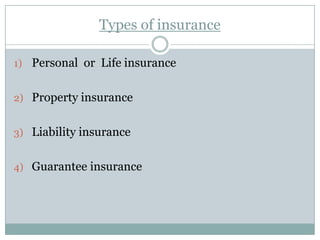 Types of insurance

1) Personal or Life insurance


2) Property insurance


3) Liability insurance


4) Guarantee insurance
 