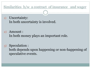 Similarities b/w a contract of insurance and wager
1) Uncertainty:
In both uncertainty is involved.
2) Amount :
In both money plays an important role.
3) Speculation :
both depends upon happening or non-happening of
speculative events.
 