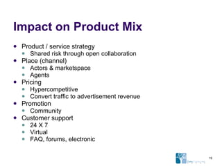 Impact on Product Mix Product / service strategy Shared risk through open collaboration Place (channel) Actors & marketspace Agents Pricing Hypercompetitive Convert traffic to advertisement revenue Promotion Community Customer support 24 X 7 Virtual FAQ, forums, electronic 