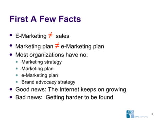 First A Few Facts E-Marketing  ≠   sales Marketing plan  ≠  e-Marketing plan Most organizations have no: Marketing strategy Marketing plan e-Marketing plan Brand advocacy strategy Good news: The Internet keeps on growing Bad news:  Getting harder to be found 
