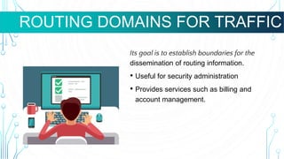WHAT ARE VMS USED FOR?
Its goal is to establish boundaries for the
dissemination of routing information.
• Useful for security administration
• Provides services such as billing and
account management.
ROUTING DOMAINS FOR TRAFFIC
 