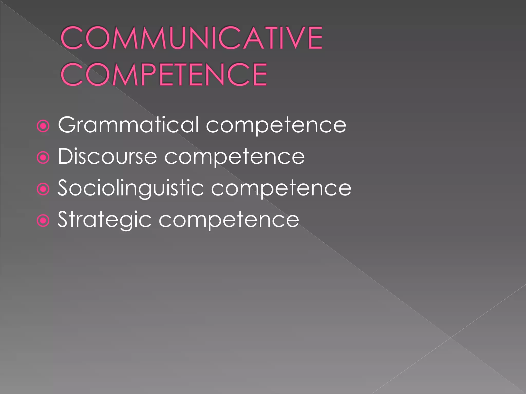  Grammatical competence
 Discourse competence
 Sociolinguistic competence
 Strategic competence
 