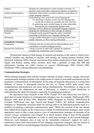 Imagery Relating new information to visual concepts in memory via 
familiar, easily retrievable visualizations, phrases, or locations. 
Auditory Representation Retention of the sound or a similar sound for a word, phrase, or 
longer language sequence. 
Keyword Remembering a new word in the second language by: 
(1) identifying a familiar word in the first language that 
sounds like or otherwise resembles the new word and 
(2) generating easily recalled images of some relationship 
between the new word and the familiar word. 
Contextualization Placing a word or phrase in a meaningful language sequence. 
Elaboration Relating new information to other concepts in memory. 
Transfer Using previously acquired linguistic and/or conceptual 
knowledge to facilitate a new language learning task. 
Inferencing Using available information to guess meanings of new items, 
predict outcomes, or fill in missing information. 
Socioaffective Strategies 
Cooperating Working with one or more peers to obtain feedback, pool 
information, or model a language activity. 
Question for Clarification Asking a teacher or other native speaker for repetition, 
paraphrasing, explanation, and/or examples. 
105 
Of particular interest in both prongs of research and practice is the extent to which cross-cultural 
variables may facilitate or interfere with strategy use among learners (Oxford 1996, 
Oxford & Anderson 1995). General conclusions from studies conducted in China, Japan, Israel, 
Egypt, and Russia, among others, promise more than a glimmer of hope that SBI and 
autonomous learning are viable avenues to success (McDonough 1999, Oxford 1996, 
Pemberton 1996), cultural differences notwithstanding. 
Communication Strategies 
While learning strategies deal with the receptive domain of intake, memory, storage, and recall, 
communication strategies pertain to the employment of verbal or nonverbal mechanisms for the 
productive communication of information. In the arena of linguistic interaction, it is sometimes 
difficult, of course, to distinguish between the two, as Tarone (1983) aptly noted, since 
comprehension and production can occur almost simultaneously. Nevertheless, as long as one 
can appreciate the slipperiness of such a dichotomy, it remains a useful distinction in 
understanding the nature of strategies, especially for pedagogical purposes. 
The speculative early research of the 1970s (Varadi 1973 and others) has now led to a 
great deal of recent attention to communication strategies (see, for example, McDonough 1999; 
Dornyei 1995; Rost & Ross 1991; Bialystok 1990a; Bongaerts & Poulisse 1989;Oxford & 
Crookall 1989).Some time ago, Faerch and Kasper (1983a: 36) defined communication 
strategies as "potentially conscious plans for solving what to an individual presents itself as a 
problem in reaching a particular communicative goal." While the research of the last decade 
does indeed focus largely on the compensatory nature of communication strategies, more recent 
approaches seem to take a more positive view of communication strategies as elements of an 
overall strategic competence (see Chapter 9) in which learners bring to bear all the possible 
facets of their growing competence in order to send clear messages in the second language. 
Moreover, such strategies may or may not be "potentially conscious"; support for such a 
conclusion comes from observations of first language acquisition strategies that are similar to 
those used by adults in second language learning contexts (Bongaerts & Poulisse 1989). 
 