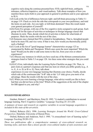 115 
cognitive style along the continua presented here: FI/D, right/left brain, ambiguity 
tolerance, reflective/impulsive, and visual/auditory. Talk about examples of how you 
manifest those styles both in your approach in general to problems and in your approach 
to SLA. 
3.(I) Look at the list of differences between right- and left-brain processing in Table 5.1 
on page 119. Check or circle the side that corresponds to your own preference, and total 
the items on each side. Are you right- or left-brain dominant? Does this result match 
your general perception of yourself? 
4.(G) Form five groups, with one of the five cognitive styles assigned to each group. Each 
group will list the types of activities or techniques in foreign language classes that 
illustrate its style. Then, decide which list of activities is better for what kinds of 
purposes. Share the results with the rest of the class. 
5.(I) Someone once claimed that FD is related to farsightedness. That is, farsighted people 
tend to be more FD, and vice versa. If that is true, how would you theoretically justify 
such a finding? 
6.(C) Look at the list of "good language learner" characteristics on page 123 as 
enumerated by Rubin and Thompson. Which ones seem the most important? Which the 
least? Would you be able to add some items to this list, from your own or others' 
experiences? 
7.(C) Discuss any instances in which you have used any of the thirteen communication 
strategies listed in Table 5.3 on page 128. Are there some other strategies that you could 
add? 
8.(I/G/C) First, individually take the Learning Styles Checklist on page 136. Then, in 
pairs look at a partner's responses and find one item on which you differ greatly (e.g., A 
vs. E, A vs. D, or В vs. E). Next, talk about 
experiences in your own language learning that illustrate your choice, Finally, decide 
which side of the continuum (the "A-B" side or the' 1) F side) gives you more of an 
advantage. Share the results with the rest of the class. 
9.(C) When you were learning a foreign language, what advice would you like to have 
had that you did not have at the time? Which of the suggestions at the end of the chapter 
for SBI appeal to you, and why? 
SUGGESTED READINGS 
Gardner, Robert C. and Maclntyre, Peter D. 1992. "A student's contributions to second 
language learning. Part I: Cognitive variables." Language Teaching 25: 211-220. 
A summary of issues and research on cognitive variables in second language acquisition is 
included in this state-of-the-art article. 
Oxford, Rebecca (Ed.). 1996. Learning Strategies Around the World: Cross-Cultural 
Perspectives. Honolulu: University of Hawaii Press. 
Oxford, Rebecca and Anderson, Neil J. 1995. "A crosscultural view of learning styles." 
Language Teaching 28:201-215. 
These two publications offer a comprehensive summary of cross-cultural research on 
learning styles, and more than a dozen specific cross-cultural studies of style awareness and 
 