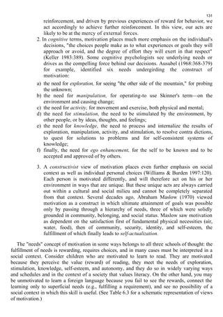 131 
reinforcement, and driven by previous experiences of reward for behavior, we 
act accordingly to achieve further reinforcement. In this view, our acts are 
likely to be at the mercy of external forces. 
2. In cognitive terms, motivation places much more emphasis on the individual's 
decisions, "the choices people make as to what experiences or goals they will 
approach or avoid, and the degree of effort they will exert in that respect" 
(Keller 1983:389). Some cognitive psychologists see underlying needs or 
drives as the compelling force behind our decisions. Ausubel (1968:368-379) 
for example, identified six needs undergirding the construct of 
motivation: 
a) the need for exploration, for seeing "the other side of the mountain," for probing 
the unknown; 
b) the need for manipulation, for operating-to use Skinner's term—on the 
environment and causing change; 
c) the need for activity, for movement and exercise, both physical and mental; 
d) the need for stimulation, the need to be stimulated by the environment, by 
other people, or by ideas, thoughts, and feelings; 
e) the need for knowledge, the need to process and internalize the results of 
exploration, manipulation, activity, and stimulation, to resolve contra dictions, 
to quest for solutions to problems and for self-consistent systems of 
knowledge; 
f) finally, the need for ego enhancement, for the self to be known and to be 
accepted and approved of by others. 
3. A constructivist view of motivation places even further emphasis on social 
context as well as individual personal choices (Williams & Burden 1997:120). 
Each person is motivated differently, and will therefore act on his or her 
environment in ways that are unique. But these unique acts are always carried 
out within a cultural and social milieu and cannot be completely separated 
from that context. Several decades ago, Abraham Maslow (1970) viewed 
motivation as a construct in which ultimate attainment of goals was possible 
only by passing through a hierarchy of needs, three of which were solidly 
grounded in community, belonging, and social status. Maslow saw motivation 
as dependent on the satisfaction first of fundamental physical necessities (air, 
water, food), then of community, security, identity, and self-esteem, the 
fulfillment of which finally leads to self-actualization. 
The "needs" concept of motivation in some ways belongs to all three schools of thought: the 
fulfillment of needs is rewarding, requires choices, and in many cases must be interpreted in a 
social context. Consider children who are motivated to learn to read. They are motivated 
because they perceive the value (reward) of reading, they meet the needs of exploration, 
stimulation, knowledge, self-esteem, and autonomy, and they do so in widely varying ways 
and schedules and in the context of a society that values literacy. On the other hand, you may 
be unmotivated to learn a foreign language because you fail to see the rewards, connect the 
learning only to superficial needs (e.g., fulfilling a requirement), and see no possibility of a 
social context in which this skill is useful. (See Table 6.3 for a schematic representation of views 
of motivation.) 
 