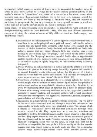 153 
his teacher, which means a number of things: never to contradict the teacher; never to 
speak in class unless spoken to—always let the teacher initiate communication; let the 
teacher’s wisdom be "poured into" him; never call a teacher by a first name; respect older 
teachers even more than younger teachers. But in his new U.S. language school, his 
youngish teachers are friendly and encourage a first-name basis, they ask students to 
participate in group work, they try to get students to come up with answers to problems, 
rather than just giving the answer, and so on. Kenji is confused. Why? 
Some means of conceptualizing such mismatches in expectations were outlined in a 
thought-provoking article by Geert Hofstede (1986), who used four different conceptual 
categories to study the culture of norms of fifty different countries. Each category was 
described as follows: 
1. Individualism as a characteristic of a culture opposes collectivism (the word is 
used here in an anthropological, not a political, sense). Individualist cultures 
assume that any person looks primarily after his/her own interest and the 
interest of his/her immediate family (husband, wife and children). Collectivist 
cultures assume that any person through birth and possible later events 
belongs to one or more tight "in-groups," from which he/she cannot detach 
him/herself. The "in-group" (whether extended family, clan, or organization) 
protects the interest of its members, but in turn expects their permanent loyalty. 
A collectivist society is tightly integrated; an individualist society is loosely 
integrated. 
2. Power Distance as a characteristic of a culture defines the extent to which the 
less powerful persons in a society accept inequality in power and consider it 
as normal. Inequality exists within any culture, but the degree of it that is 
tolerated varies between culture and another. "All societies are unequal, but 
some are more unequal than others" (Hofstede 1980:136). 
3. Uncertainty Avoidance as a characteristic of a culture defines the extent to 
which people within a culture are made nervous by situations they perceive as 
unstructured, unclear, or unpredictable, situations which they therefore try to 
avoid by maintaining strict codes of behavior and a belief in absolute truths. 
Cultures with a strong uncertainty avoidance are active, aggressive, emotional, 
compulsive, security-seeking, and intolerant; cultures with а weak uncertainty 
avoidance are contemplative, less aggressive, unemotional, relaxed, accepting of 
personal risks, and relatively tolerant. 
4. Masculinity as a characteristic of a culture opposes femininity. The two differ 
in the social roles associated with the biological fact of the existence of two 
sexes, and in particular in the social roles attributed to men. The cultures which 
I labeled as “masculine" strive for maximal distinction between what 
women expected to do. They expect men to be assertive, ambitious and 
competitive, to strive for material success, and to respect whatever is big, strong, 
and fast. They expect women to serve and to care for the non-material quality of 
life, for children, and for the weak. Feminine cultures, on the other hand, define 
relatively overlapping social roles for the sexes, in which men need not be 
ambitious or competitive, but may go for a different quality of life than material 
success; men may respect whatever is small, weak, and slow. So, in masculine 
cultures these political/organizational values stress material success and 
 