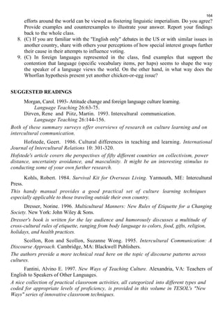 efforts around the world can be viewed as fostering linguistic imperialism. Do you agree? 
Provide examples and counterexamples to illustrate your answer. Report your findings 
back to the whole class. 
8. (C) If you are familiar with the "English only" debates in the US or with similar issues in 
another country, share with others your perceptions of how special interest groups further 
their cause in their attempts to influence voting. 
9. (C) In foreign languages represented in the class, find examples that support the 
contention that language (specific vocabulary items, per haps) seems to shape the way 
the speaker of a language views the world. On the other hand, in what way does the 
Whorfian hypothesis present yet another chicken-or-egg issue? 
SUGGESTED READINGS 
Morgan, Carol. 1993- Attitude change and foreign language culture learning. 
Language Teaching 26:63-75. 
Dirven, Rene and Piitz, Martin. 1993. Intercultural communication. 
Language Teaching 26:144-156. 
Both of these summary surveys offer overviews of research on culture learning and on 
intercultural communication. 
Hofstede, Geert. 1986. Cultural differences in teaching and learning. International 
Journal of Intercultural Relations 10: 301-320. 
Hofstede's article covers the perspectives of fifty different countries on collectivism, power 
distance, uncertainty avoidance, and masculinity. It might be an interesting stimulus to 
conducting some of your own further research. 
Kohls, Robert. 1984. Survival Kit for Overseas Living. Yarmouth, ME: Intercultural 
Press. 
This handy manual provides a good practical set of culture learning techniques 
especially applicable to those traveling outside their own country. 
Dresser, Norine. 1996. Multicultural Manners: New Rules of Etiquette for a Changing 
Society. New York: John Wiley & Sons. 
Dresser's book is written for the lay audience and humorously discusses a multitude of 
cross-cultural rules of etiquette, ranging from body language to colors, food, gifts, religion, 
holidays, and health practices. 
Scollon, Ron and Scollon, Suzanne Wong. 1995. Intercultural Communication: A 
Discourse Approach. Cambridge, MA: Blackwell Publishers. 
The authors provide a more technical read here on the topic of discourse patterns across 
cultures. 
Fantini, Alvino E. 1997. New Ways of Teaching Culture. Alexandria, VA: Teachers of 
English to Speakers of Other Languages. 
A nice collection of practical classroom activities, all categorized into different types and 
coded for appropriate levels of proficiency, is provided in this volume in TESOL's "New 
Ways" series of innovative classroom techniques. 
164 
 
