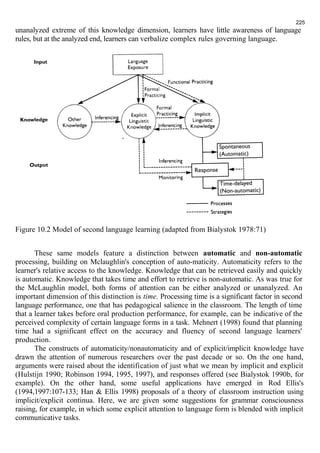 225 
unanalyzed extreme of this knowledge dimension, learners have little awareness of language 
rules, but at the analyzed end, learners can verbalize complex rules governing language. 
Figure 10.2 Model of second language learning (adapted from Bialystok 1978:71) 
These same models feature a distinction between automatic and non-automatic 
processing, building on Mclaughlin's conception of auto-maticity. Automaticity refers to the 
learner's relative access to the knowledge. Knowledge that can be retrieved easily and quickly 
is automatic. Knowledge that takes time and effort to retrieve is non-automatic. As was true for 
the McLaughlin model, both forms of attention can be either analyzed or unanalyzed. An 
important dimension of this distinction is time. Processing time is a significant factor in second 
language performance, one that has pedagogical salience in the classroom. The length of time 
that a learner takes before oral production performance, for example, can be indicative of the 
perceived complexity of certain language forms in a task. Mehnert (1998) found that planning 
time had a significant effect on the accuracy and fluency of second language learners' 
production. 
The constructs of automaticity/nonautomaticity and of explicit/implicit knowledge have 
drawn the attention of numerous researchers over the past decade or so. On the one hand, 
arguments were raised about the identification of just what we mean by implicit and explicit 
(Hulstijn 1990; Robinson 1994, 1995, 1997), and responses offered (see Bialystok 1990b, for 
example). On the other hand, some useful applications have emerged in Rod Ellis's 
(1994,1997:107-133; Han & Ellis 1998) proposals of a theory of classroom instruction using 
implicit/explicit continua. Here, we are given some suggestions for grammar consciousness 
raising, for example, in which some explicit attention to language form is blended with implicit 
communicative tasks. 
 