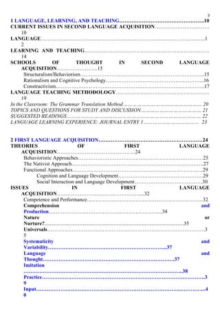 1 LANGUAGE, LEARNING, AND TEACHING………………………………………….10 
CURRENT ISSUES IN SECOND LANGUAGE ACQUISITION……………………..…… 
10 
LANGUAGE…………………………………………………………………………………..1 
2 
LEARNING AND TEACHING……………………………………………………………… 
14 
SCHOOLS OF THOUGHT IN SECOND LANGUAGE 
ACQUISITION…………………...15 
Structuralism/Behaviorism……………………………………………………………...15 
Rationalism and Cognitive Psychology………………………………………………...16 
Constructivism…………………………………………………………………………..17 
LANGUAGE TEACHING METHODOLOGY……………………………………………… 
19 
In the Classroom: The Grammar Translation Method…………………………………………… 20 
TOPICS AND QUESTIONS FOR STUDY AND DISCUSSION………………………………… 21 
SUGGESTED READINGS…………………………………………………………………………… 22 
LANGUAGE LEARNING EXPERIENCE: JOURNAL ENTRY 1……………………………… 23 
2 FIRST LANGUAGE ACQUISITION……………………………………………………24 
THEORIES OF FIRST LANGUAGE 
ACQUISITION………………………………………24 
Behavioristic Approaches………………………………………………………………25 
The Nativist Approach………………………………………………………………….27 
Functional Approaches…………………………………………………………………29 
Cognition and Language Development………………………………………….29 
Social Interaction and Language Development…………………………………30 
ISSUES IN FIRST LANGUAGE 
ACQUISITION…………………………………………...32 
Competence and Performance………………………………………………………….32 
Comprehension and 
Production………………………………………………………...34 
Nature or 
Nurture?.........................................................................................................35 
Universals……………………………………………………………………………….3 
5 
Systematicity and 
Variability…………………………………………………………...37 
Language and 
Thought………………………………………………………………….37 
Imitation 
………………………………………………………………………………..38 
Practice………………………………………………………………………………….3 
9Input……………………………………………………………………………………..4 
0 
3 
 