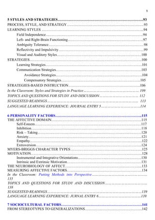 5 
5 STYLES AND STRATEGIES…………………………………………………………….93 
PROCESS, STYLE, AND STRATEGY………………………………………………………93 
LEARNING STYLES ………………………………………………………………………...94 
Field Independence……………………………………………………………………..94 
Left- and Right-Brain Functioning……………………………………………………..97 
Ambiguity Tolerance……………………………………………………………………98 
Reflectivity and Impulsivity…………………………………………………………….99 
Visual and Auditory Styles……………………………………………………………100 
STRATEGIES………………………………………………………………………………..100 
Learning Strategies…………………………………………………………………….101 
Communication Strategies…………………………………………………………….103 
Avoidance Strategies……………………………………………………………..104 
Compensatory Strategies………………………………………………………..105 
STRATEGIES-BASED INSTRUCTION…………………………………………………..106 
In the Classroom: Styles and Strategies in Practice…………………………………………… 109 
TOPICS AND QUESTIONS FOR STUDY AND DISCUSSION……………………………… 112 
SUGGESTED READINGS………………………………………………………………………… 113 
LANGUAGE LEARNING EXPERIENCE: JOURNAL ENTRY 5………………………………114 
6 PERSONALITY FACTORS……………………………………………………………..115 
THE AFFECTIVE DOMAIN………………………………………………………………..115 
Self-Esteem……………………………………………………………………………117 
Inhibition………………………………………………………………………………118 
Risk – Taking………………………………………………………………………….120 
Anxiety………………………………………………………………………………...121 
Empathy………………………………………………………………………………..122 
Extroversion…………………………………………………………………………...124 
MYERS-BRIGGS CHARACTER TYPES…………………………………………………..125 
MOTIVATION……………………………………………………………………………….128 
Instrumental and Integrative Orientations…………………………………………….130 
Intrinsic and Extrinsic Motivation…………………………………………………….131 
THE NEUROBIOLOGY OF AFFECT………………………………………….…………...133 
MEASURING AFFECTIVE FACTORS……………………………………………………..134 
In the Classroom: Putting Methods into Perspective…………………………………………… 
135 
TOPICS AND QUESTIONS FOR STUDY AND DISCUSSION………………………………… 
138 
SUGGESTED READINGS……………………………………………………………………………139 
LANGUAGE LEARNING EXPERIENCE: JURNAL ENTRY 6…………………………………139 
7 SOCIOCULTURAL FACTORS…………………………………………………………141 
FROM STEREOTYPES TO GENERALIZATIONS………………………………………..142 
 