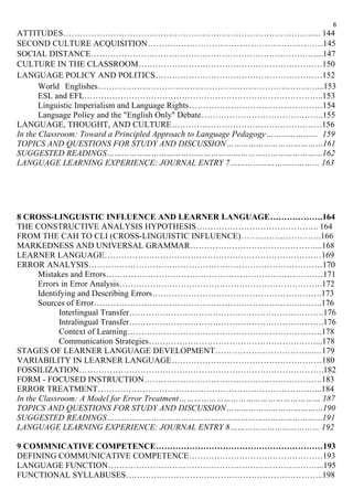 6 
ATTITUDES………………………………………………………………………………... 144 
SECOND CULTURE ACQUISITION………………………………………………………145 
SOCIAL DISTANCE………………………………………………………………………...147 
CULTURE IN THE CLASSROOM…………………………………………………………150 
LANGUAGE POLICY AND POLITICS……………………………………………………152 
World Englishes……………………………………………………………………....153 
ESL and EFL…………………………………………………………………………..153 
Linguistic Imperialism and Language Rights…………………………………………154 
Language Policy and the "English Only" Debate……………………………………..155 
LANGUAGE, THOUGHT, AND CULTURE………………………………………………156 
In the Classroom: Toward a Principled Approach to Language Pedagogy………………… 159 
TOPICS AND QUESTIONS FOR STUDY AND DISCUSSION…………………………………161 
SUGGESTED READINGS……………………………………………………………………………162 
LANGUAGE LEARNING EXPERIENCE: JOURNAL ENTRY 7……………………………… 163 
8 CROSS-LINGUISTIC INFLUENCE AND LEARNER LANGUAGE……………….164 
THE CONSTRUCTIVE ANALYSIS HYPOTHESIS…………………………………….. 164 
FROM THE CAH TO CLI (CROSS-LINGUISTIC INFLUENCE)………………………..166 
MARKEDNESS AND UNIVERSAL GRAMMAR………………………………………...168 
LEARNER LANGUAGE……………………………………………………………………169 
ERROR ANALYSIS…………………………………………………………………………170 
Mistakes and Errors……………………………………………………………………171 
Errors in Error Analysis……………………………………………………………….172 
Identifying and Describing Errors…………………………………………………….173 
Sources of Error……………………………………………………………………….176 
Interlingual Transfer…………………………………………………………….176 
Intralingual Transfer…………………………………………………………….176 
Context of Learning…………………………………………………………….178 
Communication Strategies……………………………………………………...178 
STAGES OF LEARNER LANGUAGE DEVELOPMENT……………………………...…179 
VARIABILITY IN LEARNER LANGUAGE………………………………………………180 
FOSSILIZATION…………………………………………………………………………….182 
FORM - FOCUSED INSTRUCTION……………………………………………………….183 
ERROR TREATMENT……………………………………………………………………...184 
In the Classroom: A Model for Error Treatment………………………………………………… 187 
TOPICS AND QUESTIONS FOR STUDY AND DISCUSSION…………………………………190 
SUGGESTED READINGS……………………………………………………………………………191 
LANGUAGE LEARNING EXPERIENCE: JOURNAL ENTRY 8……………………………… 192 
9 COMMNICATIVE COMPETENCE……………………………………………………193 
DEFINING COMMUNICATIVE COMPETENCE…………………………………………193 
LANGUAGE FUNCTION…………………………………………………………………...195 
FUNCTIONAL SYLLABUSES……………………………………………………………..198 
 