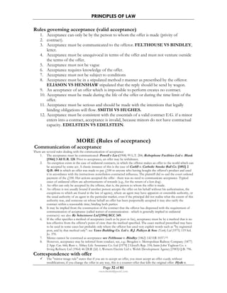 PRINCIPLES OF LAW 
Rules governing acceptance (valid acceptance) 
1. Acceptance can only be by the person to whom the offer is made (privity of 
2. contract). 
3. Acceptance must be communicated to the offeror. FELTHOUSE VS BINDLEY, 
Page 32 of 81 
rmmakaha@gmail.com 
letter. 
4. Acceptance must be unequivocal in terms of the offer and must not venture outside 
the terms of the offer. 
5. Acceptance must not be vague 
6. Acceptance requires knowledge of the offer. 
7. Acceptance must not be subject to conditions 
8. Acceptance must be in a stipulated method r manner as prescribed by the offeror. 
ELIASON VS HENSHAW stipulated that the reply should be send by wagon. 
9. An acceptance of an offer which is impossible to perform creates no contract. 
10. Acceptance must be made during the life of the offer or during the time limit of the 
offer. 
11. Acceptance must be serious and should be made with the intentions that legally 
binding obligations will flow. SMITH VS HUGHES. 
12. Acceptance must be consistent with the essentials of a valid contract E.G. if a minor 
enters into a contract, acceptance is invalid, because minors do not have contractual 
capacity. EDELSTEIN VS EDELSTEIN. 
MORE (Rules of acceptance) 
Communication of acceptance 
There are several rules dealing with the communication of acceptance: 
1. The acceptance must be communicated: Powell v Lee (1908) 99 L.T. 284; Robophone Facilities Ltd v. Blank 
[1966] 3 All E.R. 128. Prior to acceptance, an offer may be withdrawn. 
2. An exception exists in the case of unilateral contracts, in which the offeror makes an offer to the world which can 
be accepted by some act. A classic instance of this is the case of Carlill v. Carbolic Smoke Ball Co. [1892] 2 
Q.B. 484 in which an offer was made to pay £100 to anyone who having bought the offeror's product and used 
it in accordance with the instructions nonetheless contracted influenza. The plaintiff did so and the court ordered 
payment of the £100. Her actions accepted the offer - there was no need to communicate acceptance. Typical 
cases of unilateral offers are advertisements of rewards (e.g., for the return of a lost dog). 
3. An offer can only be accepted by the offeree, that is, the person to whom the offer is made. 
4. An offeree is not usually bound if another person accepts the offer on his behalf without his authorisation, the 
exceptions to which are found in the law of agency, where an agent may have apparent or ostensible authority, or 
the usual authority of an agent in the particular market, even if the principal did not realise what the extent of this 
authority was, and someone on whose behalf an offer has been purportedly accepted it may also ratify the 
contract within a reasonable time, binding both parties: 
5. It may be implied from the construction of the contract that the offeror has dispensed with the requirement of 
communication of acceptance (called waiver of communication - which is generally implied in unilateral 
contracts): see also Re Selectmove Ltd [1994] BCC 349. 
6. If the offer specifies a method of acceptance (such as by post or fax), acceptance must be by a method that is no 
less effective from the offeror's point of view than the method specified. The exact method prescribed may have 
to be used in some cases but probably only where the offeror has used very explicit words such as by registered 
post, and by that method only: see Yates Building Co. Ltd v. R.J. Pulleyn  Sons (York) Ltd (1975) 119 Sol. 
Jo. 370. 
7. Silence cannot be construed as acceptance: see Felthouse v. Bindley (1862) 142 ER 1037.[13] 
8. However, acceptance may be inferred from conduct, see, e.g.: Brogden v. Metropolitan Railway Company (1877) 
2 App. Cas. 666; Rust v. Abbey Life Assurance Co. Ltd [1979] 2 Lloyd's Rep. 334; Saint John Tugboat Co. v. 
Irving Refinery Ltd (1964) 46 DLR (2d) 1; Wettern Electric Ltd v. Welsh Development Agency [1983] Q.B. 796. 
Correspondence with offer 
 The mirror image rule states that if you are to accept an offer, you must accept an offer exactly, without 
modifications; if you change the offer in any way, this is a counter-offer that kills the original offer: Hyde v. 
 