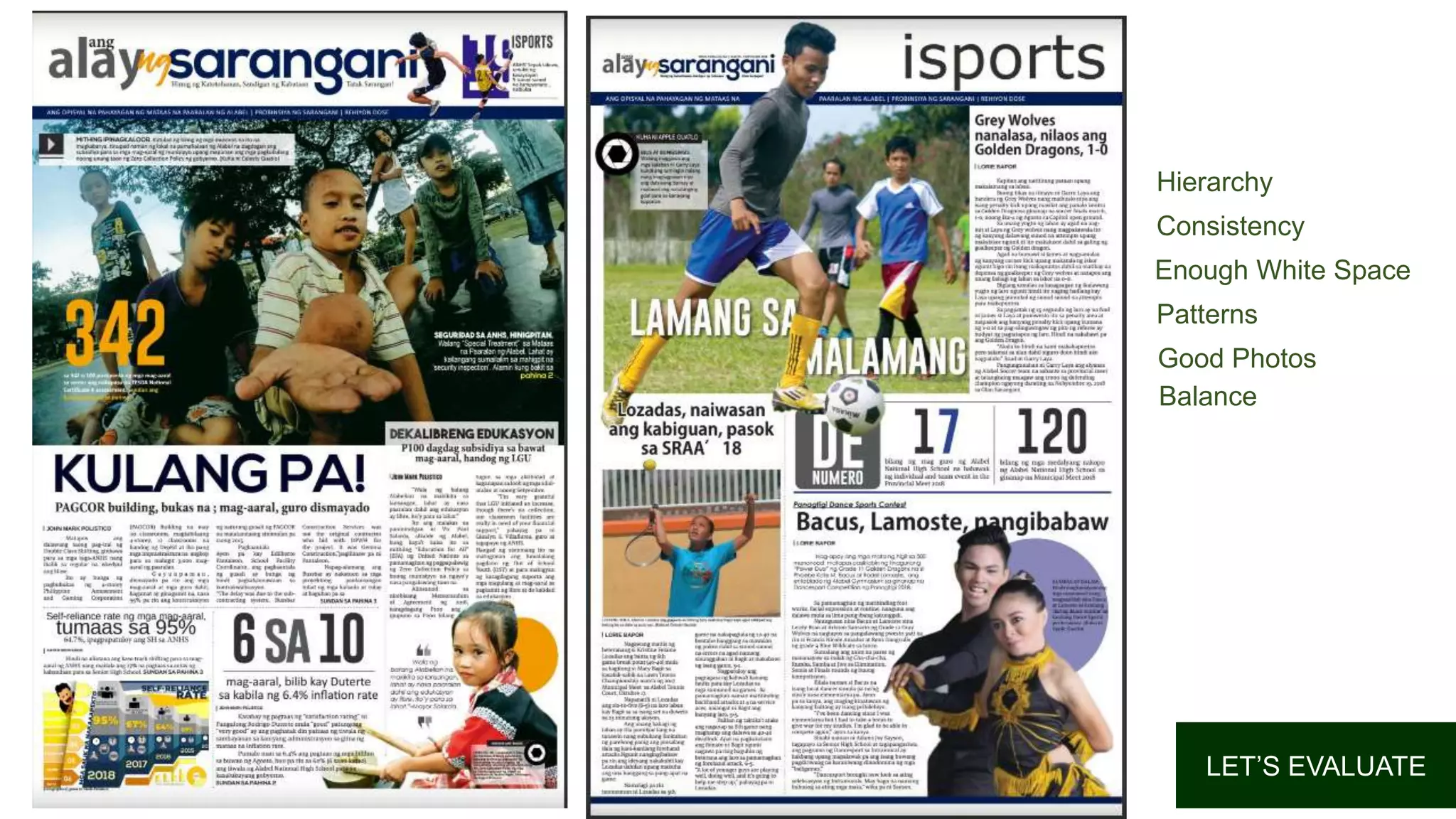 LET’S EVALUATE
Hierarchy
Consistency
Enough White Space
Patterns
Good Photos
Balance