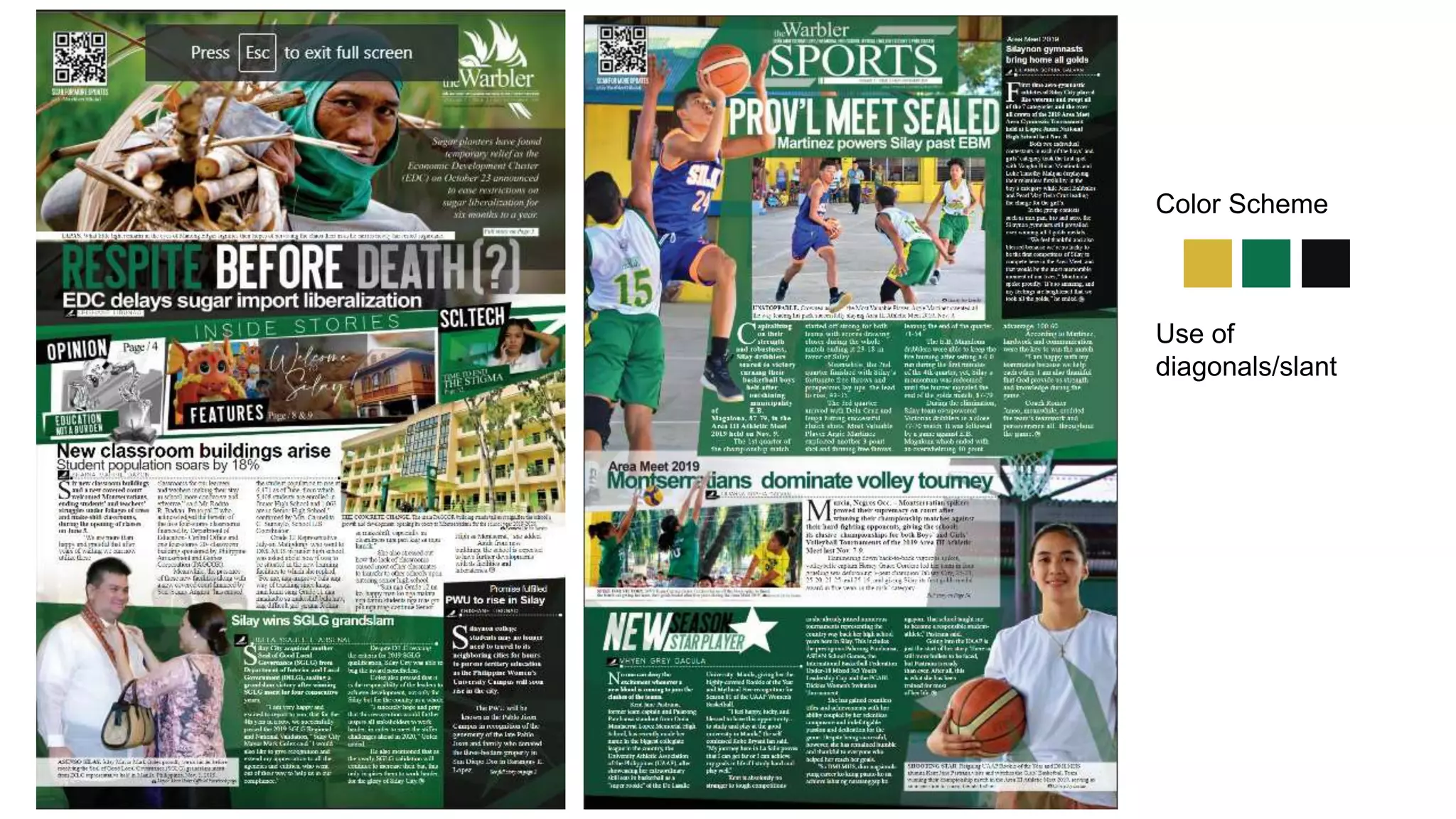 Use of
diagonals/slant
Color Scheme