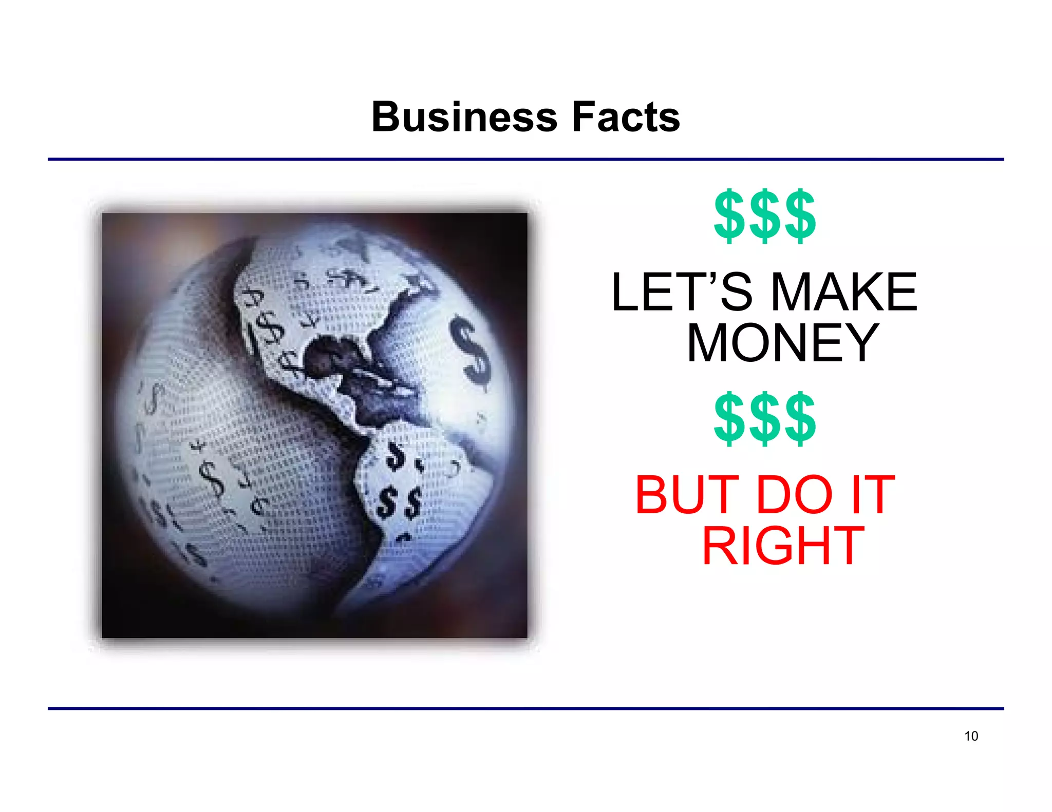 10
Business Facts
$$$
LET’S MAKE
MONEY
$$$
BUT DO IT
RIGHT
 