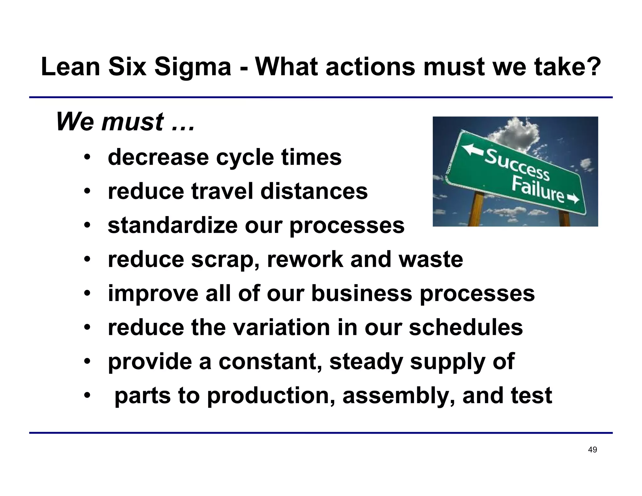 49
Lean Six Sigma - What actions must we take?
We must …
• decrease cycle times
• reduce travel distances
• standardize our processes
• reduce scrap, rework and waste
• improve all of our business processes
• reduce the variation in our schedules
• provide a constant, steady supply of
• parts to production, assembly, and test
 