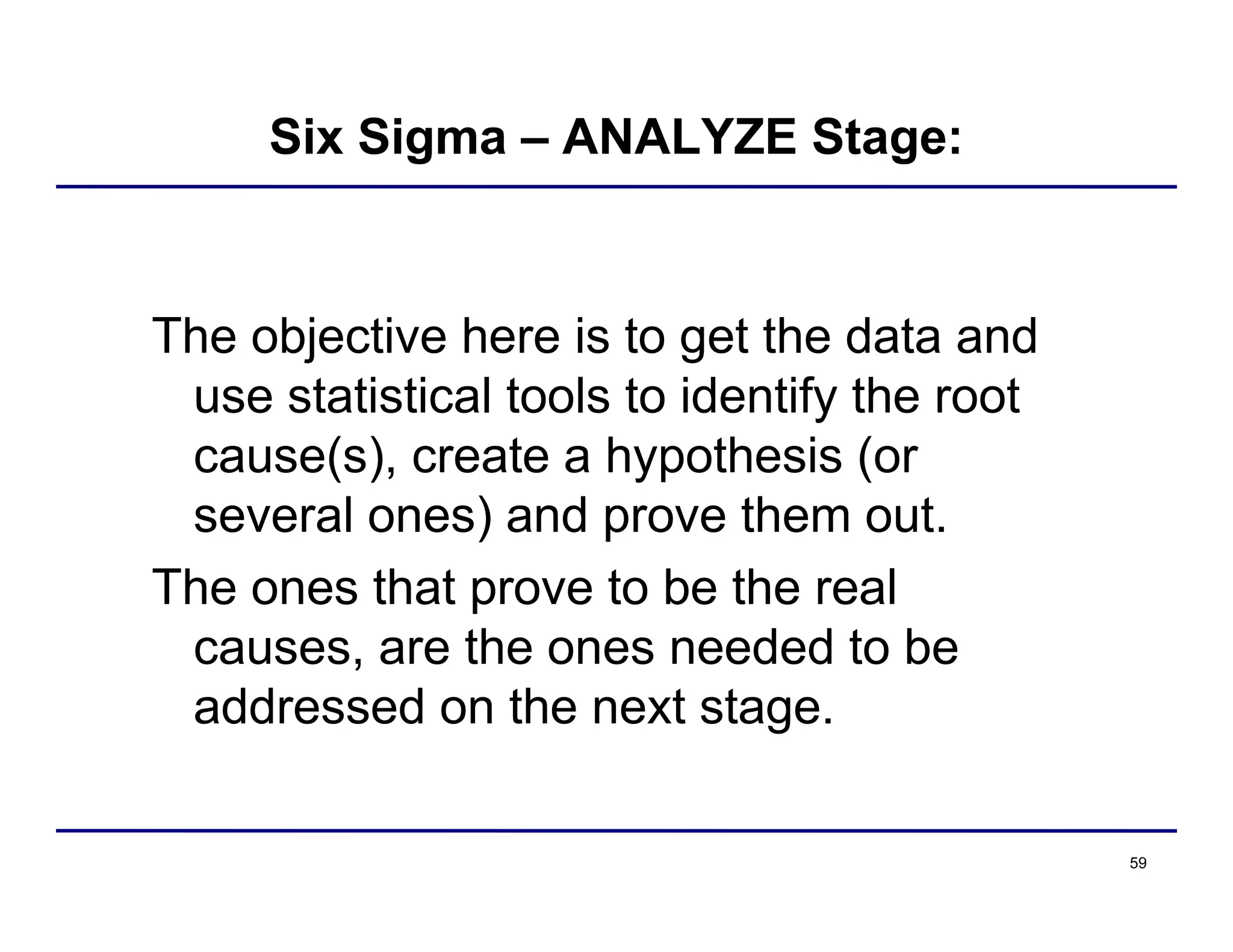 59
Six Sigma – ANALYZE Stage:
The objective here is to get the data and
use statistical tools to identify the root
cause(s), create a hypothesis (or
several ones) and prove them out.
The ones that prove to be the real
causes, are the ones needed to be
addressed on the next stage.
 