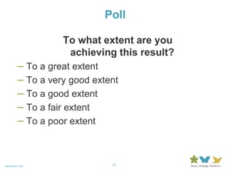 PollTo what extent are you achieving this result?To a great extentTo a very good extentTo a good extentTo a fair extentTo a poor extent
