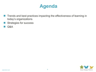 AgendaTrends and best practices impacting the effectiveness of learning in today’s organizationsStrategies for successQ&A