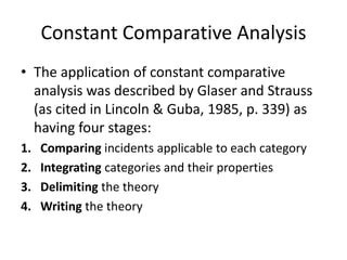Constant Comparative Analysis
• The application of constant comparative
analysis was described by Glaser and Strauss
(as cited in Lincoln & Guba, 1985, p. 339) as
having four stages:
1.
2.
3.
4.

Comparing incidents applicable to each category
Integrating categories and their properties
Delimiting the theory
Writing the theory

 