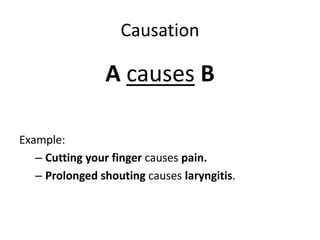 Causation

A causes B
Example:
– Cutting your finger causes pain.
– Prolonged shouting causes laryngitis.

 