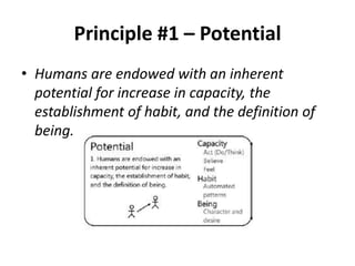 Principle #1 – Potential
• Humans are endowed with an inherent
potential for increase in capacity, the
establishment of habit, and the definition of
being.

 