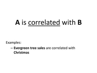 A is correlated with B
Examples:
– Evergreen tree sales are correlated with
Christmas

 