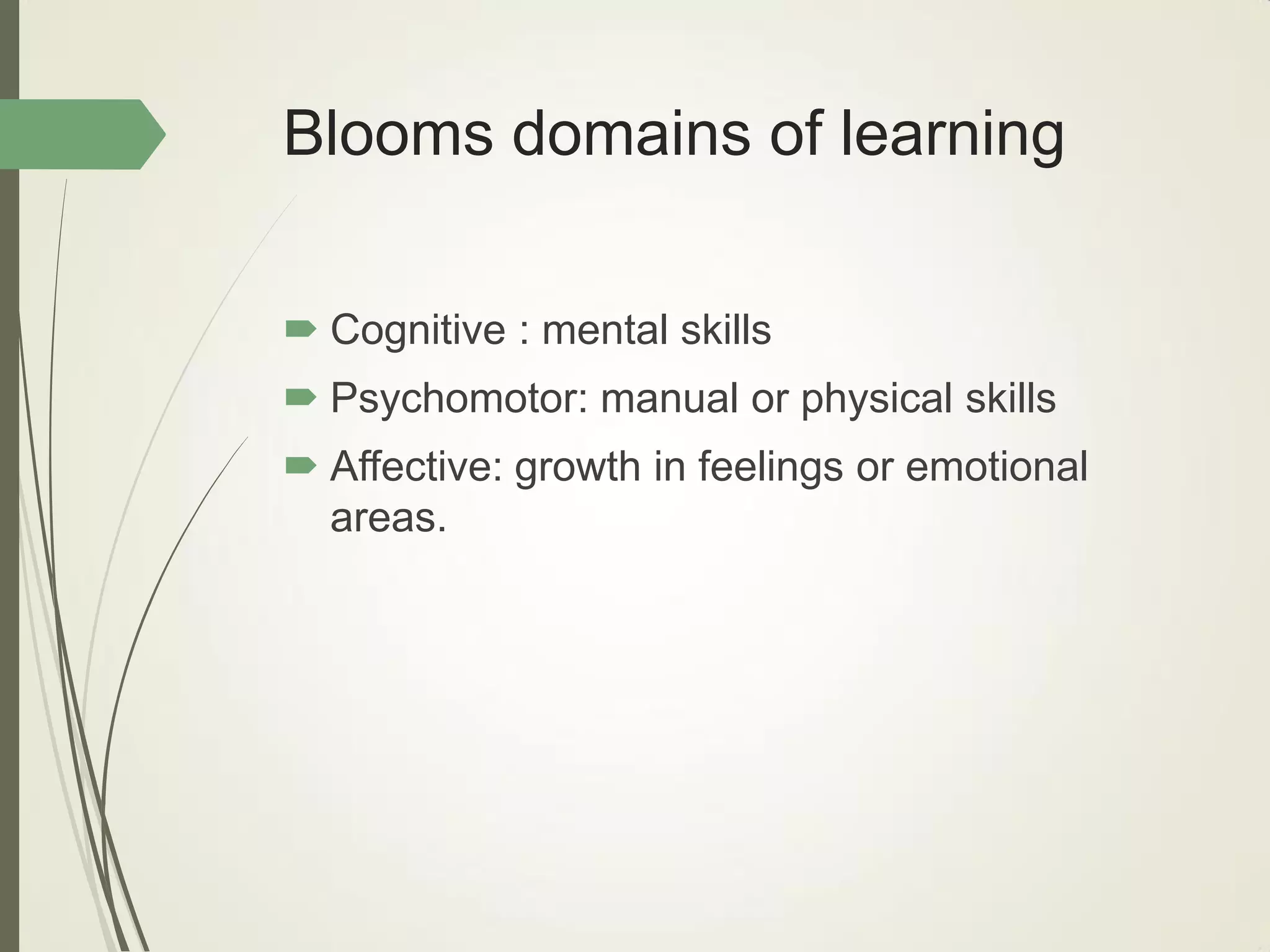 Blooms domains of learning
 Cognitive : mental skills
 Psychomotor: manual or physical skills
 Affective: growth in feelings or emotional
areas.
 