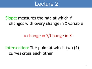 Lecture 2

Slope: measures the rate at which Y
  changes with every change in X variable

         = change in Y/Change in X

Intersection: The point at which two (2)
  curves cross each other

                                            9
 