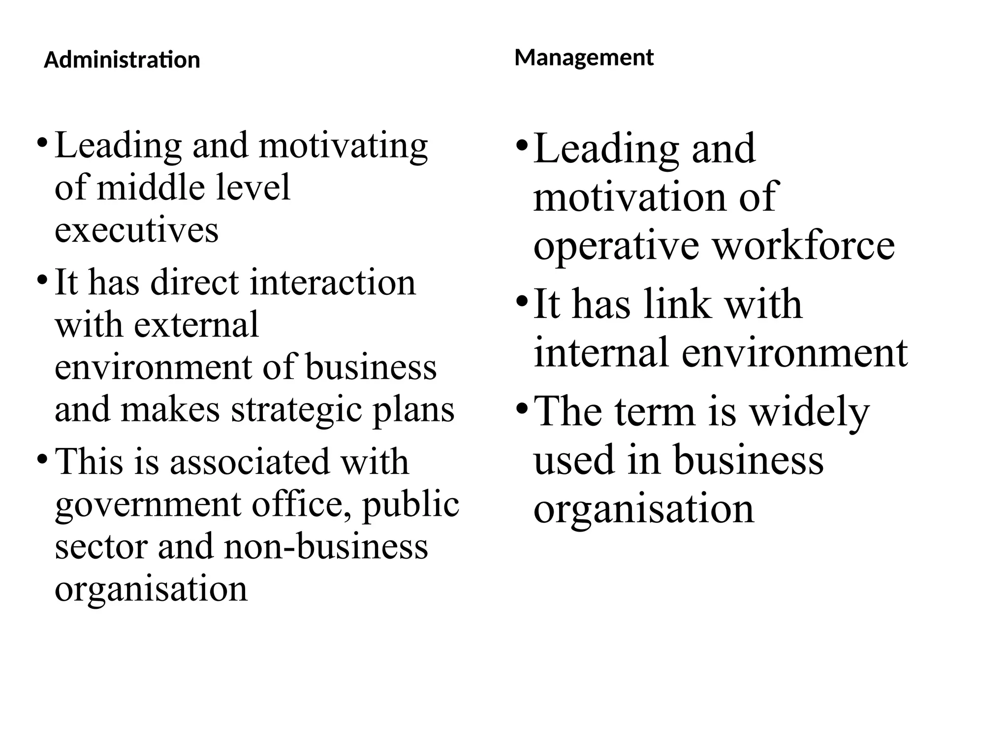 Administration
•Leading and motivating
of middle level
executives
•It has direct interaction
with external
environment of business
and makes strategic plans
•This is associated with
government office, public
sector and non-business
organisation
Management
•Leading and
motivation of
operative workforce
•It has link with
internal environment
•The term is widely
used in business
organisation
 