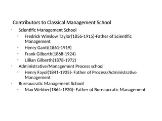 Contributors to Classical Management School
• Scientific Management School
• Fredrick Winslow Taylor(1856-1915)-Father of Scientific
Management
• Henry Gantt(1861-1919)
• Frank Gilberth(1868-1924)
• Lillian Gilberth(1878-1972)
• Administrative/Management Process school
• Henry Fayol(1841-1925)- Father of Process/Administrative
Management
• Bureaucratic Management School
• Max Webber(1864-1920)- Father of Bureaucratic Management
 