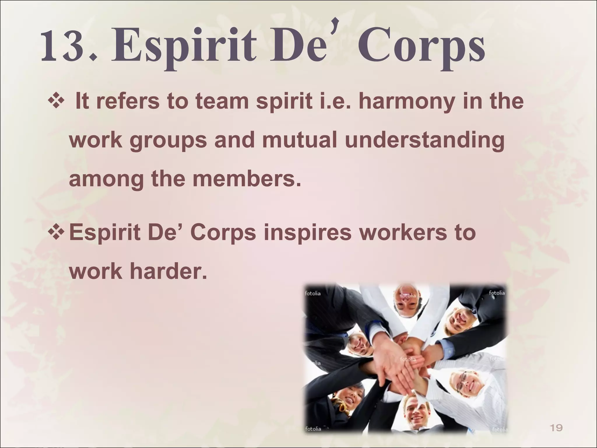 13. Espirit De’ Corps  It refers to team spirit i.e. harmony in the work groups and mutual understanding among the members.  Espirit De’ Corps inspires workers to work harder.  